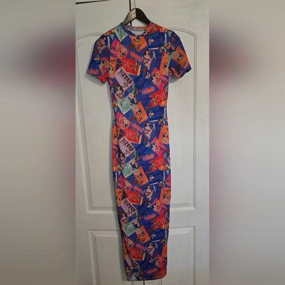 Peppermayo Brazil Print Bright Blue and Orange Bodycon Summer Maxi Dress Size 2 - Picture 3 of 10